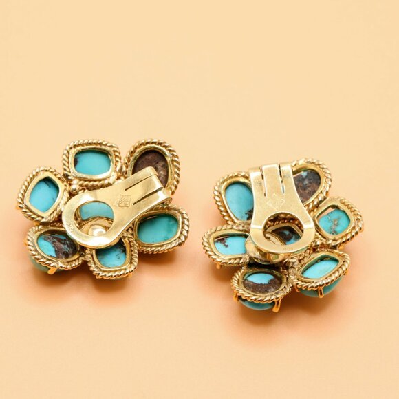 Vintage 18K Gold Family Heirloom Turquoise Diamond Clip On Earrings - Picture 13 of 16
